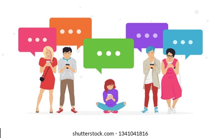 Chat speech bubbles for texting messages, communicating and sharing meme flat vector illustration of young teenagers using mobile smartphone for chatting in messenger app. People standing with bubbles