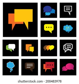 chat or speech bubbles vector icons set on black background. This graphic also represents people speaking, online talk, social media interaction, community engagement, group talk, chit chat