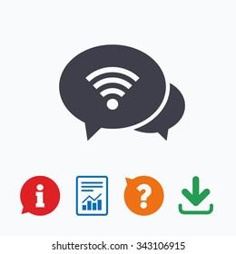 Chat speech bubbles. Wifi sign. Wi-fi symbol. Wireless Network icon. Wifi zone. Information think bubble, question mark, download and report.