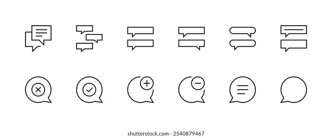 Chat- und Sprachsymbolsammlung. Unterhaltung, Rede, Dialog, Diskussion, Vortrag, Nachricht, Kommentar und mehr. Bearbeitbarer Strich. Pixel perfekt. Gitterbasis 32 x 32.