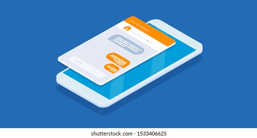 Chat support, Live mobile chat, Chatbot app, - 3D, isometric vector banner isolated on blue background