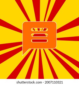 Chat-Symbol auf rotem Blitz Radiallinien. Das große orangefarbene Symbol befindet sich in der Mitte der Sonne und symbolisiert den Sonnenaufgang. Vektorgrafik auf gelbem Hintergrund