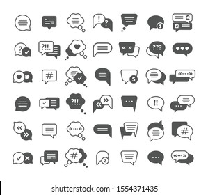 Chat symbols, speech clouds black glyph icons vector set. Conversation symbols pack. Communication signs isolated on white background. Messages and notifications. Chat speech and dialogue bubble