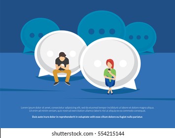 Chat talk addiction concept illustration of young people using smartphones for sending messages to each other via messenger. Flat guy and woman sitting on the big speech bubbles and typing messages