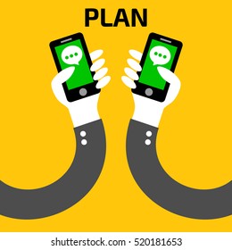 Chat or talk by social app phone hand for plan on yellow background : e-commerce concept vector.