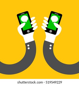 Chat or talk by social phone on yellow background : App concept vector.