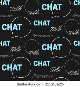 Chat talk communication vector seamless pattern. White and blue letters and notification signs upon black background. Best for textile, polygraphy, wallpapers, web and business design.