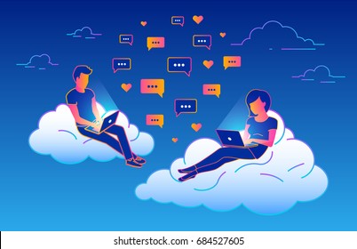 Chat talk concept design of young people using laptops for sending messages and sitting on clouds in the sky. Gradient line vector illustration of guy and girl flirting and typing messages