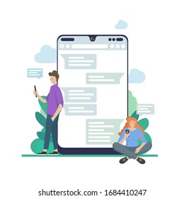 Chat talk concept illustration of young people using laptops for sending messages to each other via internet messenger. Flat guy and woman sitting on the big speech bubbles and typing messages
