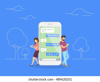 Chat talk concept illustration of young people using mobile smartphone for sending messages to each other. Flat design of guy and woman standing near big smartphone with speech bubbles in chat