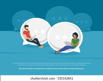 Chat talk concept illustration of young people using laptops for sending messages to each other via internet messenger. Flat guy and woman sitting on the big speech bubbles and typing messages