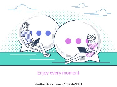 Chat talk concept vector illustration of young couple using messenger app for laptop for online sending messages. Modern line design of guy and girl sitting on speech bubbles and typing messages