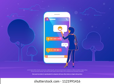 Chat talk concept vector illustration of young woman standing near big mobile smartphone and sending messages to friends. Modern gradient line design of people texting message in chat messenger app