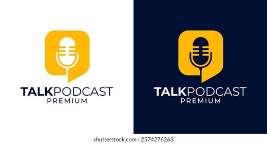 Chat or talk icon logo with microphone and bubble illustration template. Podcast or radio logo design using a microphone and bubble icon. Conversation business logo symbol vector illustration.