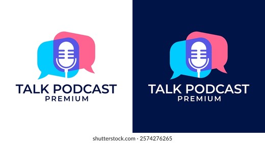 Chat or talk icon logo with microphone and bubble illustration template. Podcast or radio logo design using a microphone and bubble icon. Conversation business logo symbol vector illustration.