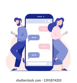 Chat talk of young people with smartphones. Man and woman standing near big mobile phone with speech bubbles in chat. Virtual relationship, millennials. Concept vector illustration.