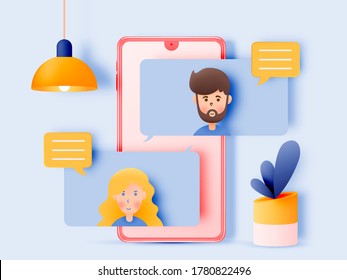 Chat Talk Of Young People With Smartphones. Man And Woman Standing Near Big Mobile Phone With Speech Bubbles In Chat. Virtual Relationship, Millennials