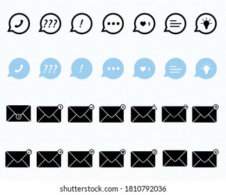 Chat templates, email icons with miniature notification icons: print, lock, lock, search, locked, mute, mute, favorites, important. Vector dimensionless graphics.