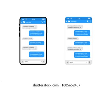 Chat templates, message, phone and speech bubble blue colour in flat style. Social media design concept. Sms template bubbles for compose dialogues. Smart Phone with messenger chat screen.