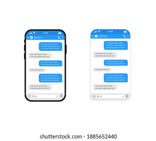 Chat templates, message, phone and speech bubble blue colour in flat style. Social media design concept. Sms template bubbles for compose dialogues. Smart Phone with messenger chat screen.