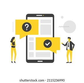 Chat, texting. Flat vector illustration. Customer support. People and mobile phone with speech bubbles. Online messaging, smartphone and messages. Modern concepts. Flat design