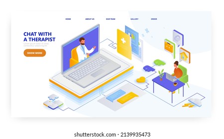 Chat with therapist, landing page design, website banner vector template. Online doctor appointment, consultation.