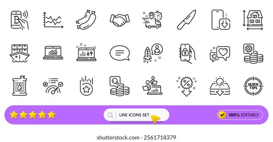 Chat, Tips and Phone download line icons for web app. Pack of Discount, Express delivery, Teamwork pictogram icons. Oil barrel, Heart, Inspect signs. Locked app, Handshake, Shipment. Vector