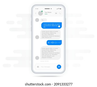 Chat UI Application design concept, Social network messenger communication service screen template, Mobile phone live chat boxes, Smartphone online app on screen, Vector video call illustration, UX UI