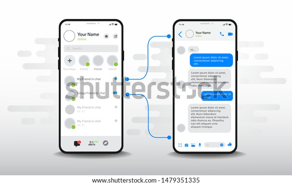 Chat UI Application design concept.\
Social network messenger communication service screen template.\
Mobile phone live chat boxes. Smartphone online app on screen.\
Vector flat style illustration, UX\
UI