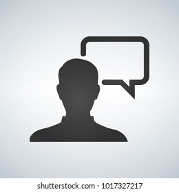 Chat with user icon, pictogram icon on gray background.