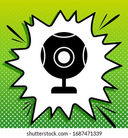 Chat web camera sign. Black Icon on white popart Splash at green background with white spots. Illustration.