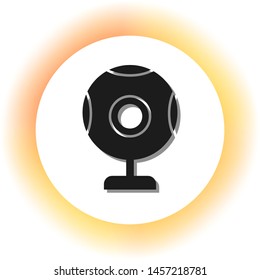 Chat web camera sign. Dark icon with shadow on the glowing circle button. Illustration.