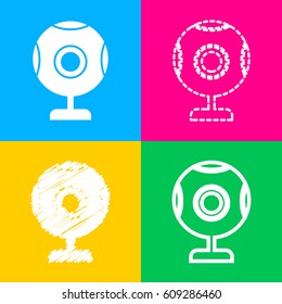Chat web camera sign. Four styles of icon on four color squares.