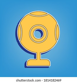 Chat web camera sign. Golden Icon with White Contour at light blue Background. Illustration.