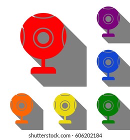 Chat web camera sign. Set of red, orange, yellow, green, blue and violet icons at white background with flat shadow.