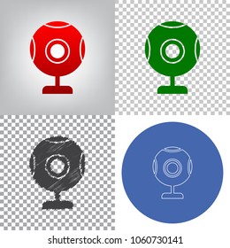 Chat web camera sign. Vector. 4 styles. Red gradient in radial lighted background, green flat and gray scribble icons on transparent and linear one in blue circle.