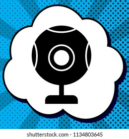 Chat web camera sign. Vector. Black icon in bubble on blue pop-art background with rays.
