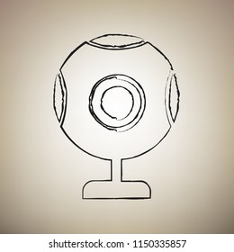 Chat web camera sign. Vector. Brush drawed black icon at light brown background.
