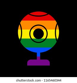 Chat web camera sign. Vector. Icon with colors of LGBT flag at black background.