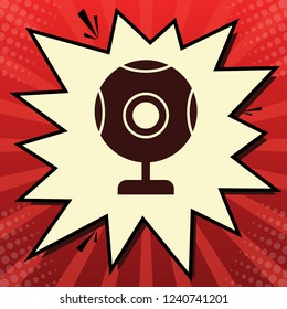 Chat web camera sign. Vector. Dark red icon in lemon chiffon shutter bubble at red popart background with rays.