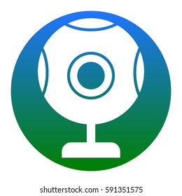 Chat web camera sign. Vector. White icon in bluish circle on white background. Isolated.