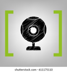 Chat web camera sign. Vector. Black scribble icon in citron brackets on grayish background.