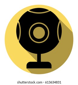 Chat web camera sign. Vector. Flat black icon with flat shadow on royal yellow circle with white background. Isolated.