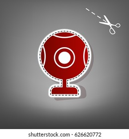 Chat web camera sign. Vector. Red icon with for applique from paper with shadow on gray background with scissors.