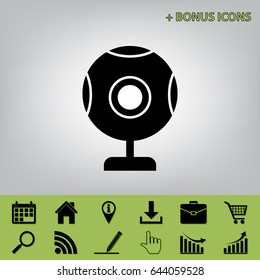 Chat web camera sign. Vector. Black icon at gray background with bonus icons 