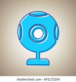 Chat web camera sign. Vector. Sky blue icon with defected blue contour on beige background.
