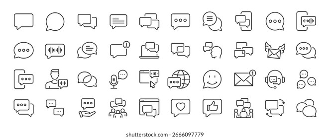 Iconos web de chat en estilo de línea. Correo electrónico, texto, Botón, oficina de correos, correo, buzón, colección. Ilustración vectorial.	