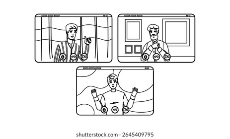 chat webinar video conference man vector. virtual online, remote team, group screen chat webinar video conference man character. people black line pencil drawing illustration
