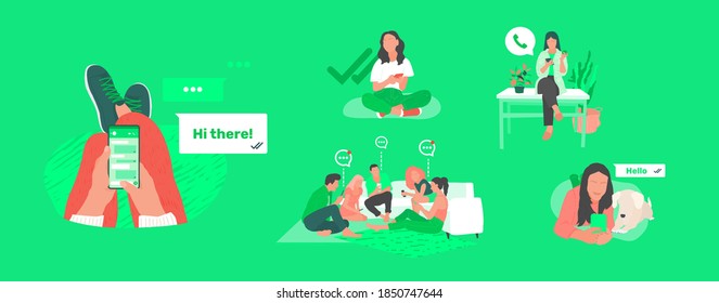 Chat in whatsapp with friends sitting on the floor concept. Phone in hands with messenger UI. Girl send message in mobile app. Older woman sitting on the table and text bubbles around.