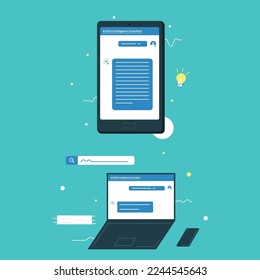 Chat whit AI to get an advice. Using AI as consultant. Talk with AI on the phone and laptop. Miniaml flat illustration.